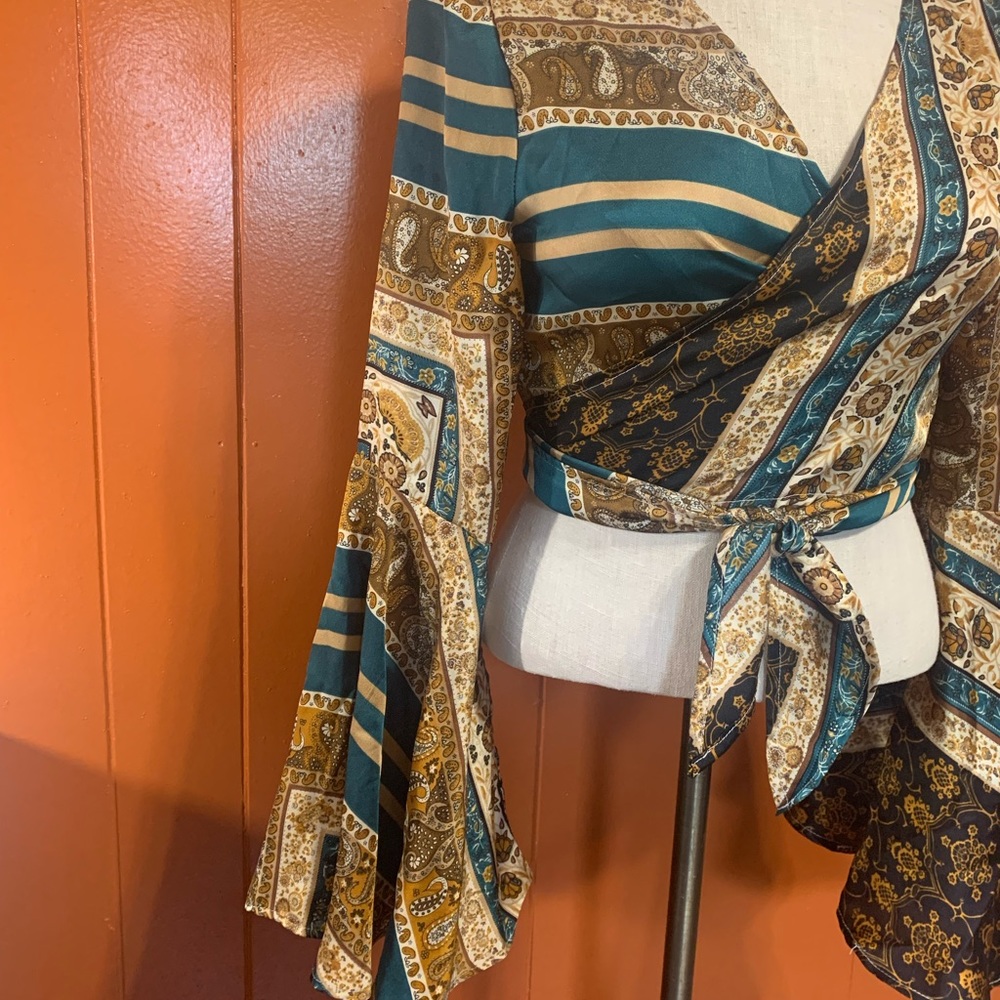 Cider Teal and Gold Patterned Wrap Blouse - Picture 2 of 11